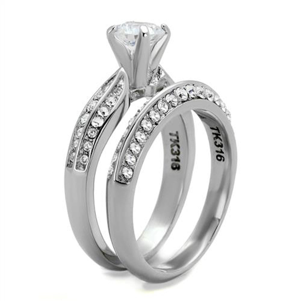 ARTK1920 Stainless Steel 316L 1.75 Ct Round Cubic Zirconia Stainless Steel 316 Wedding Ring Band Set Sz 5-10
